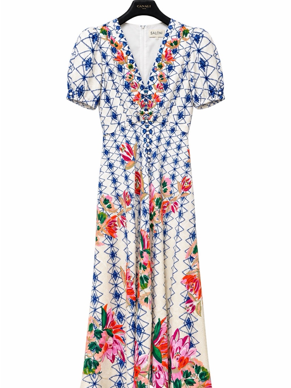 Saloni White & Blue Floral V-Neck Maxi Dress